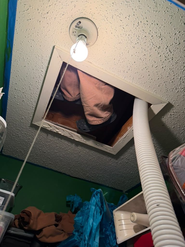 Insulation hose running through an attic hatch during a blown-in installation