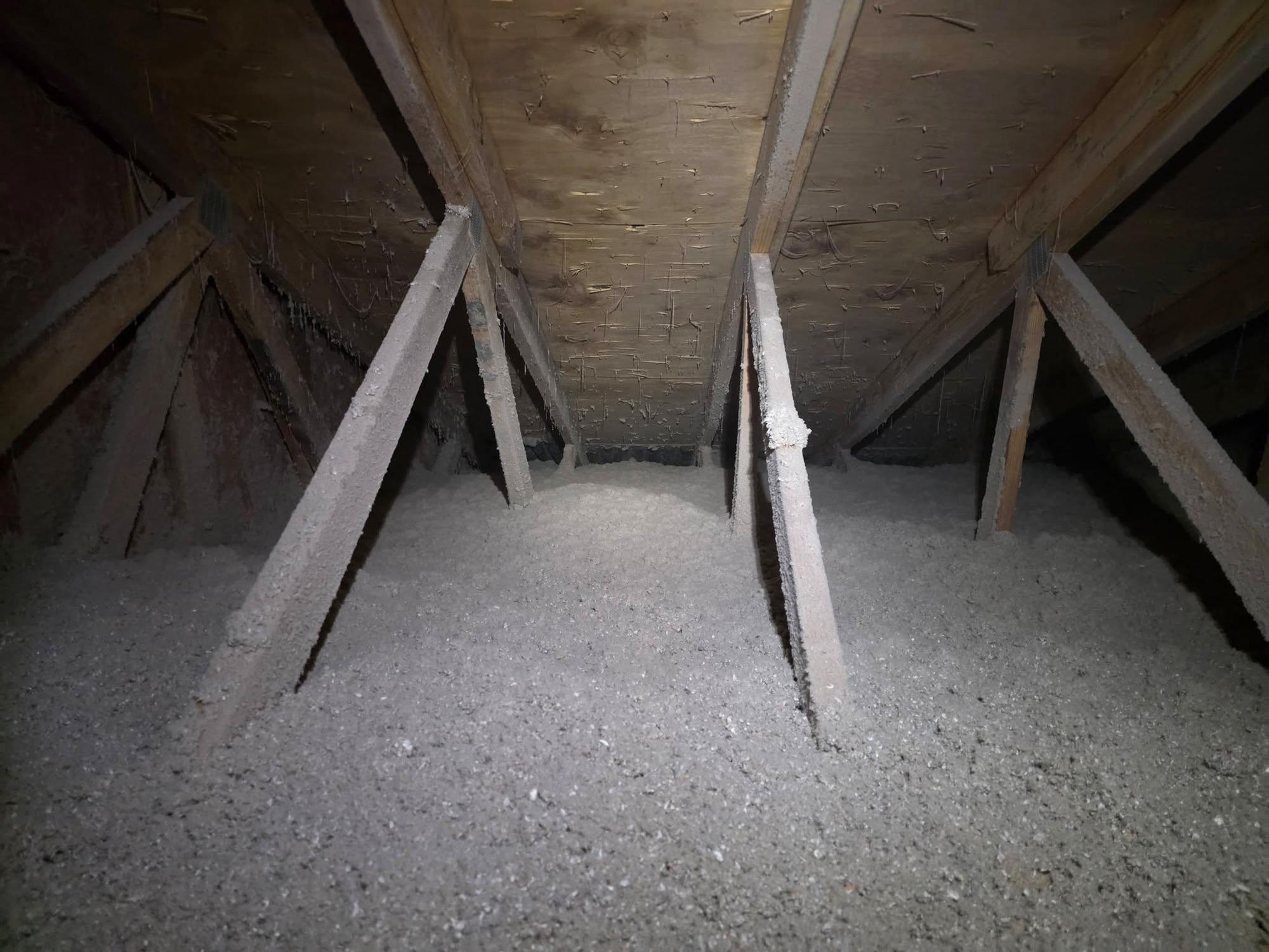 Gray blown-in attic insulation at full depth covering the bottom of every truss in Fort Lauderdale, FL